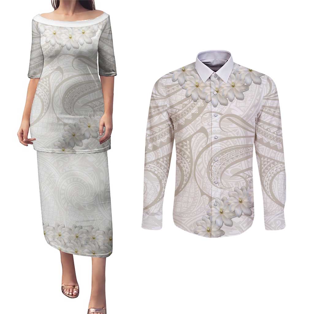Tokelau Gardenia Thunbergia Couples Matching Puletasi and Long Sleeve Button Shirt Polynesian Art Vibe LT9 White - Polynesian Pride