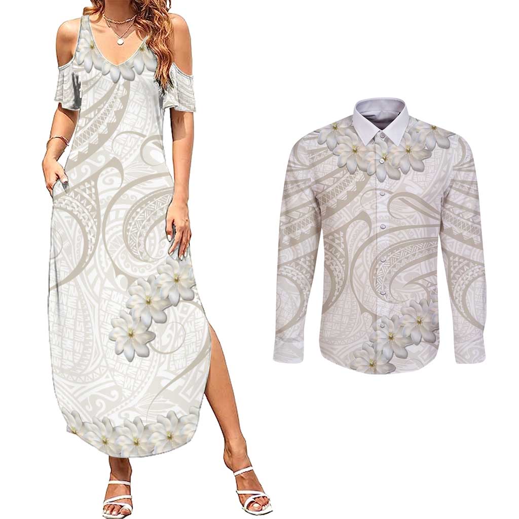Tokelau Gardenia Thunbergia Couples Matching Summer Maxi Dress and Long Sleeve Button Shirt Polynesian Art Vibe LT9 White - Polynesian Pride