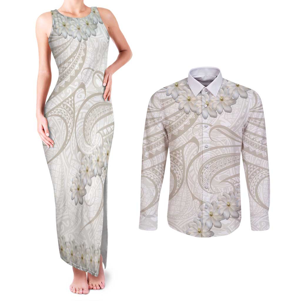 Tokelau Gardenia Thunbergia Couples Matching Tank Maxi Dress and Long Sleeve Button Shirt Polynesian Art Vibe LT9 White - Polynesian Pride