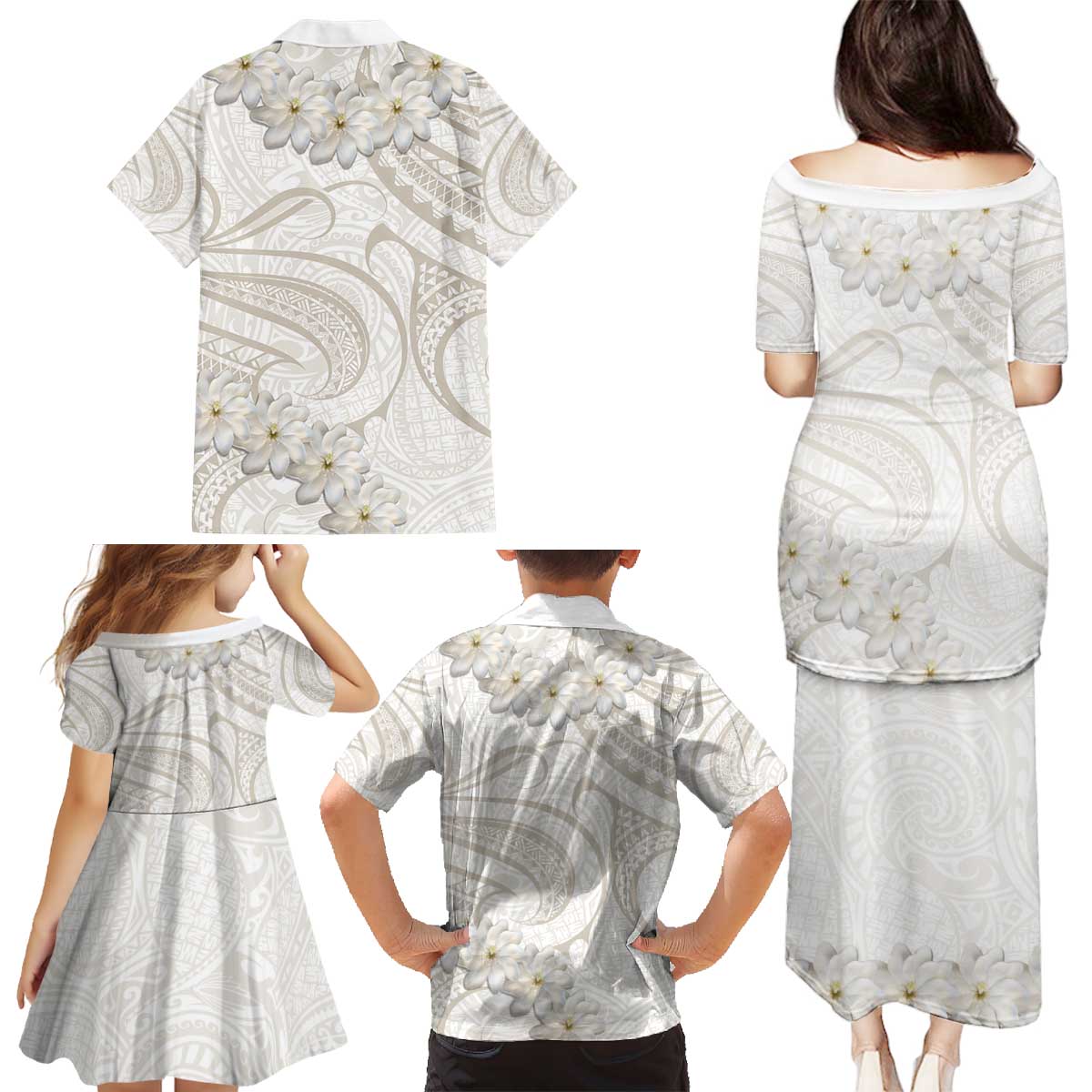 Tokelau Gardenia Thunbergia Family Matching Puletasi and Hawaiian Shirt Black Polynesian Art Vibe