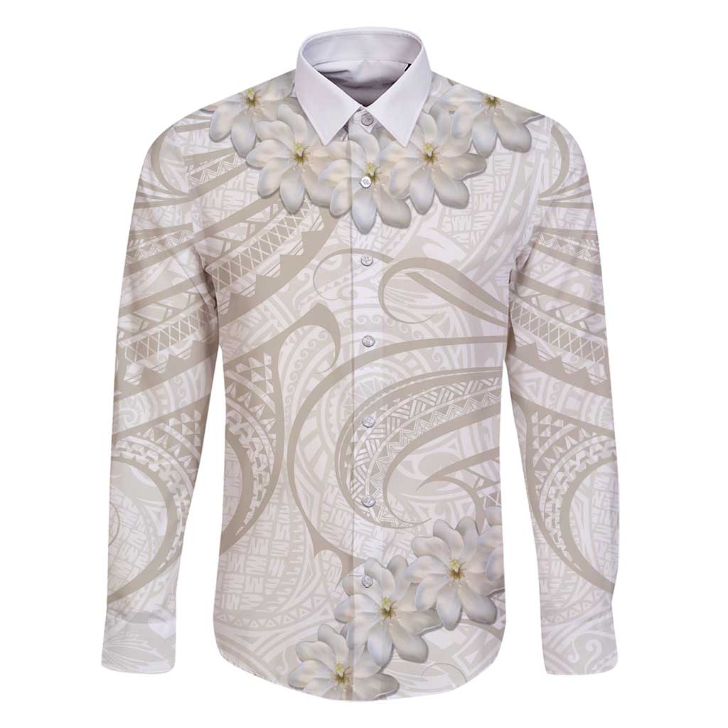 Tokelau Gardenia Thunbergia Family Matching Tank Maxi Dress and Hawaiian Shirt Polynesian Art Vibe LT9 Dad's Shirt - Long Sleeve White - Polynesian Pride