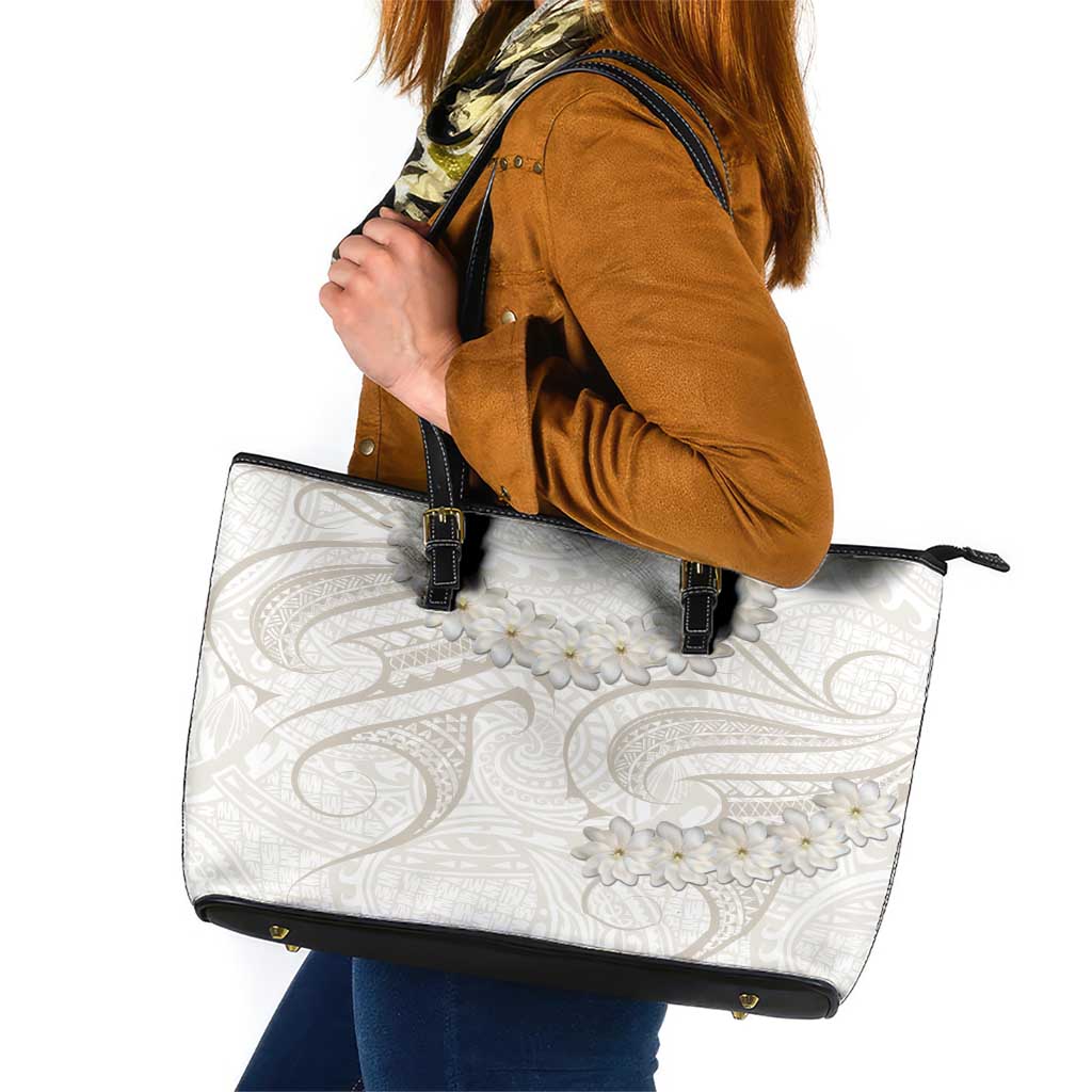 Tokelau Gardenia Thunbergia Leather Tote Bag Polynesian Art Vibe LT9 White - Polynesian Pride