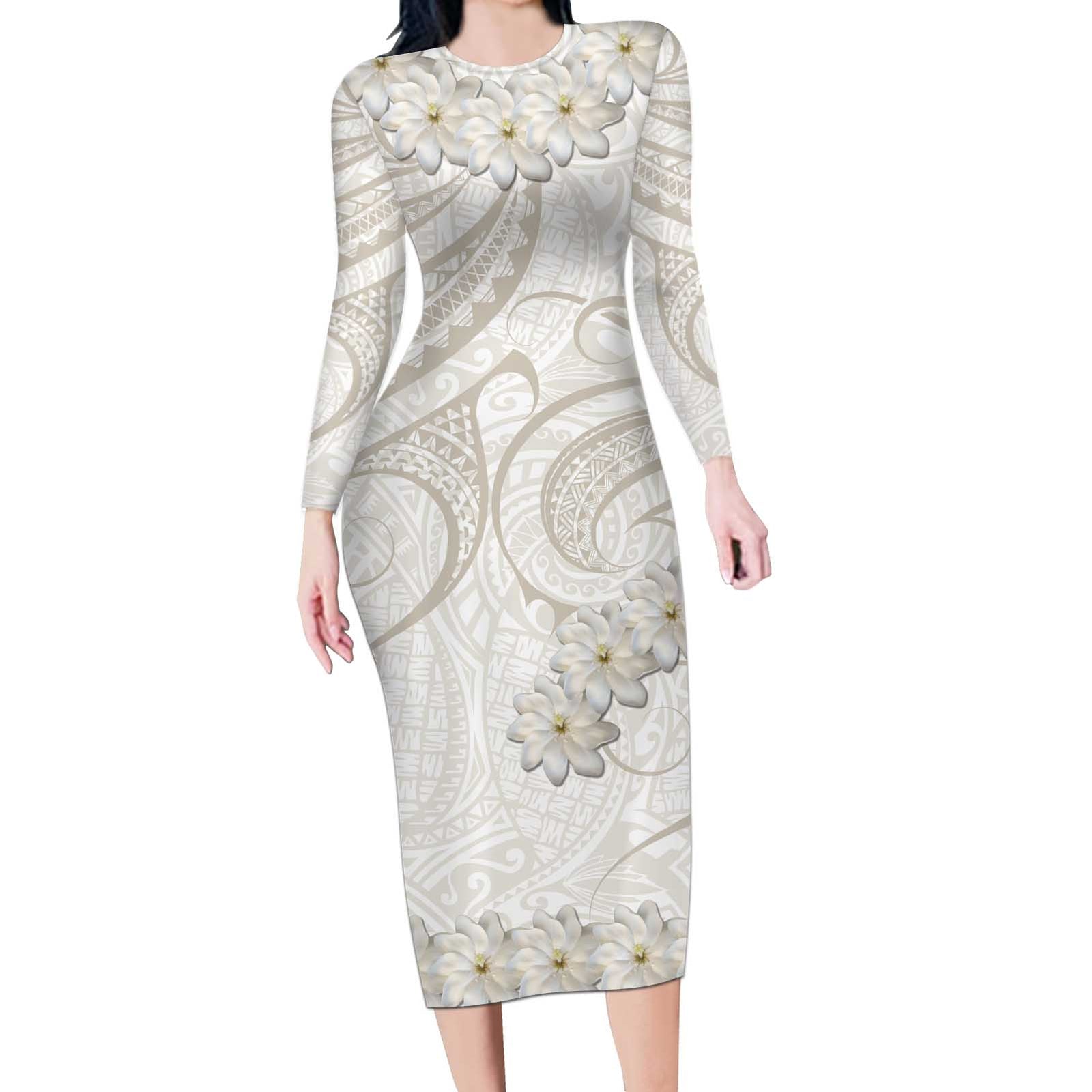 Tokelau Gardenia Thunbergia Long Sleeve Bodycon Dress Polynesian Art Vibe LT9 Long Dress White - Polynesian Pride