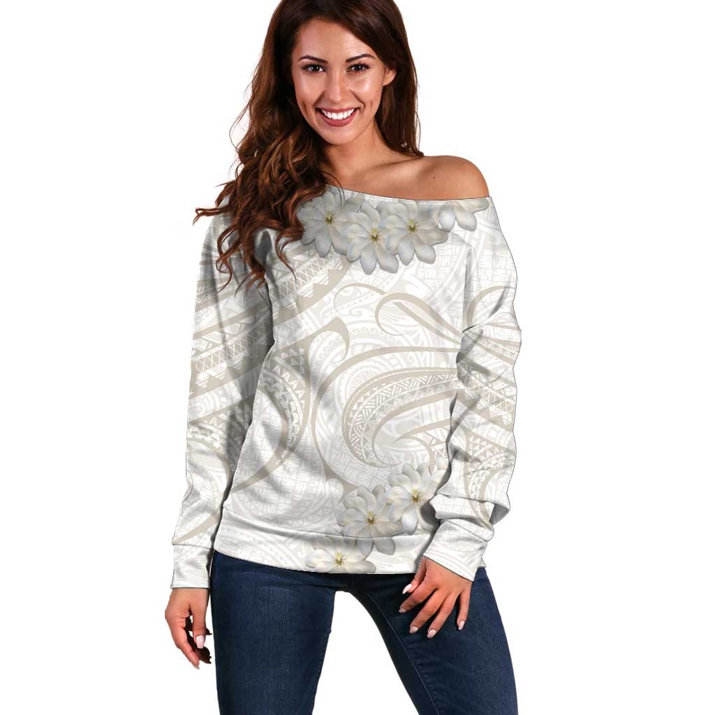 Tokelau Gardenia Thunbergia Off Shoulder Sweater Polynesian Art Vibe LT9 Women White - Polynesian Pride