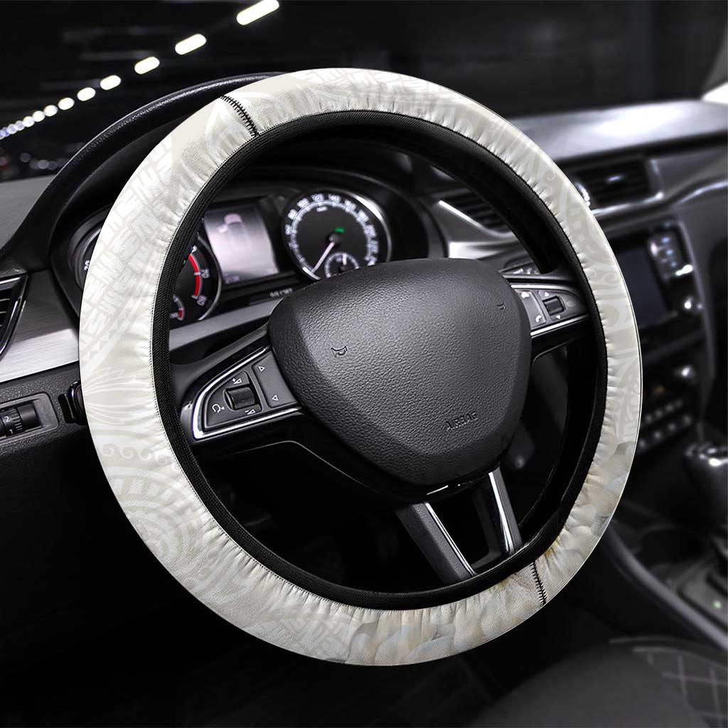 Tokelau Gardenia Thunbergia Steering Wheel Cover Polynesian Art Vibe LT9 Universal Fit White - Polynesian Pride