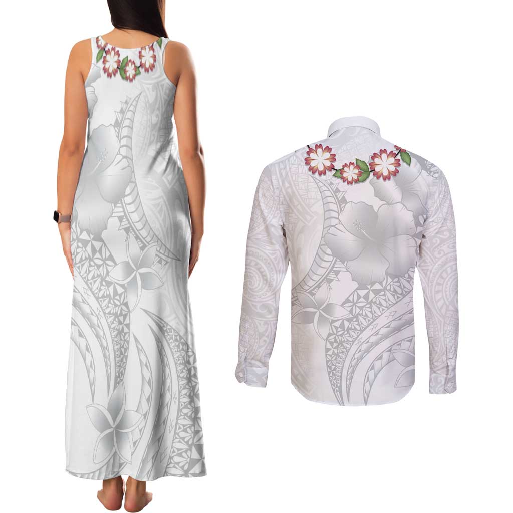 Manuia le Aso Sa o Tamaiti Tonga Couples Matching Tank Maxi Dress and Long Sleeve Button Shirt White Sunday Heilala Lei