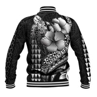 Hawaiian Sea Turtle Baseball Jacket Black Hibiscus Flowers and Kakau Pattern