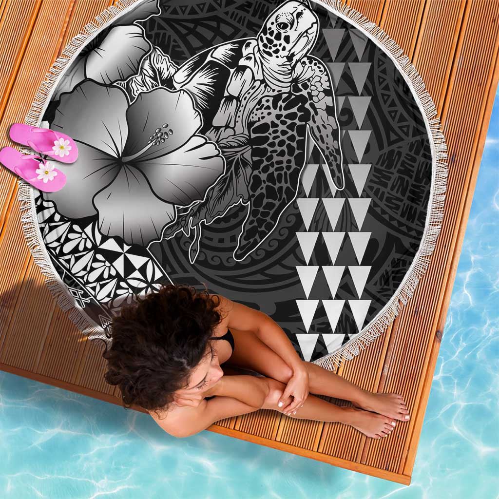 Hawaiian Sea Turtle Beach Blanket Black Hibiscus Flowers and Kakau Pattern