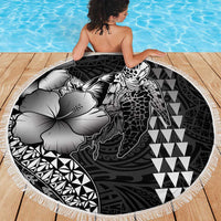Hawaiian Sea Turtle Beach Blanket Black Hibiscus Flowers and Kakau Pattern