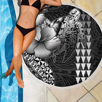 Hawaiian Sea Turtle Beach Blanket Black Hibiscus Flowers and Kakau Pattern