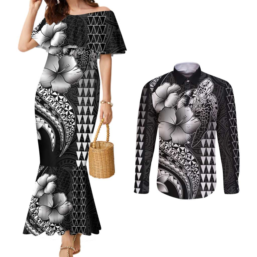 Hawaiian Sea Turtle Couples Matching Mermaid Dress and Long Sleeve Button Shirt Black Hibiscus Flowers and Kakau Pattern