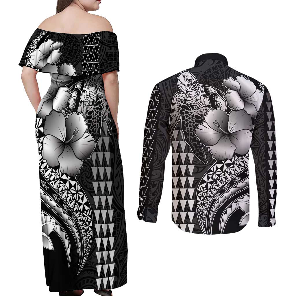 Hawaiian Sea Turtle Couples Matching Off Shoulder Maxi Dress and Long Sleeve Button Shirt Black Hibiscus Flowers and Kakau Pattern