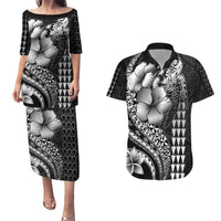 Hawaiian Sea Turtle Couples Matching Puletasi and Hawaiian Shirt Black Hibiscus Flowers and Kakau Pattern