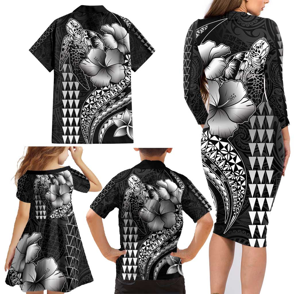 Hawaiian Sea Turtle Family Matching Long Sleeve Bodycon Dress and Hawaiian Shirt Black Hibiscus Flowers and Kakau Pattern