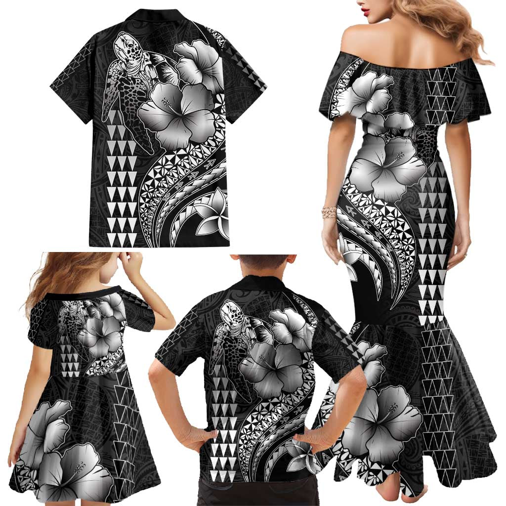 Hawaiian Sea Turtle Family Matching Mermaid Dress and Hawaiian Shirt Black Hibiscus Flowers and Kakau Pattern