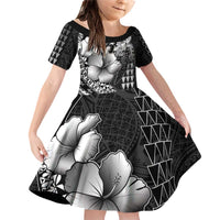 Hawaiian Sea Turtle Family Matching Off Shoulder Short Dress and Hawaiian Shirt Black Hibiscus Flowers and Kakau Pattern