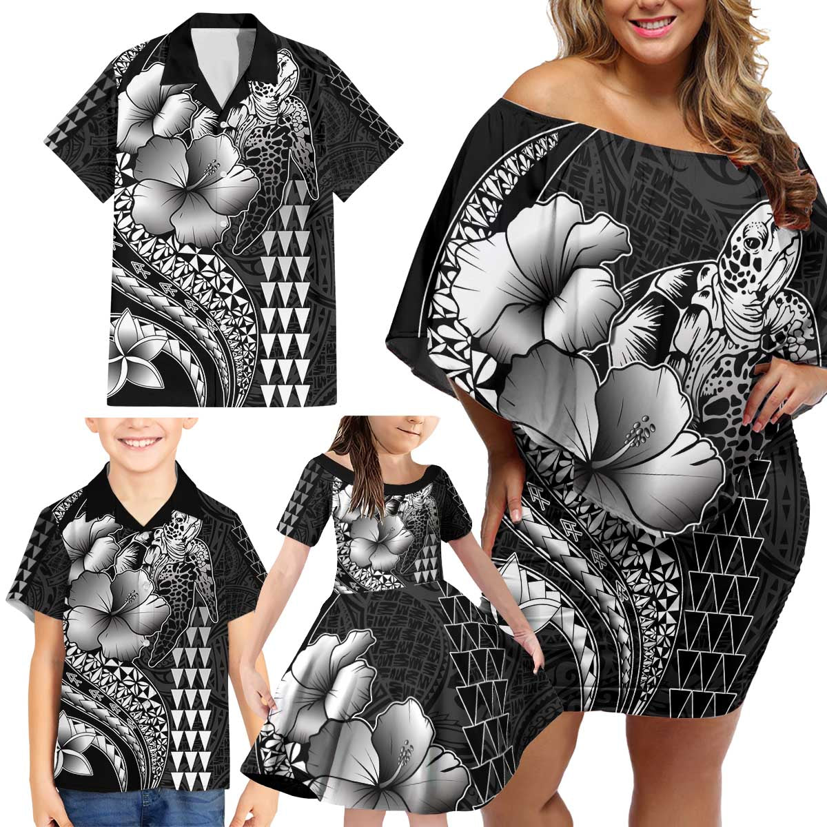 Hawaiian Sea Turtle Family Matching Off Shoulder Short Dress and Hawaiian Shirt Black Hibiscus Flowers and Kakau Pattern