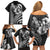 Hawaiian Sea Turtle Family Matching Off Shoulder Short Dress and Hawaiian Shirt Black Hibiscus Flowers and Kakau Pattern