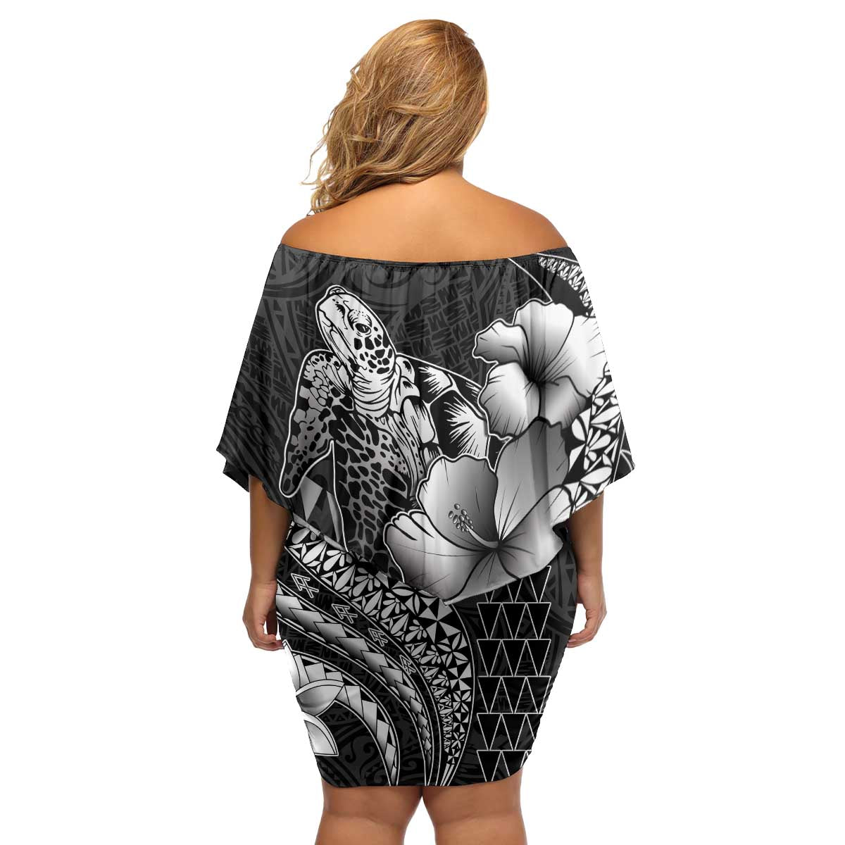 Hawaiian Sea Turtle Family Matching Off Shoulder Short Dress and Hawaiian Shirt Black Hibiscus Flowers and Kakau Pattern
