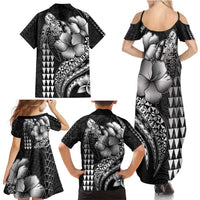 Hawaiian Sea Turtle Family Matching Summer Maxi Dress and Hawaiian Shirt Black Hibiscus Flowers and Kakau Pattern