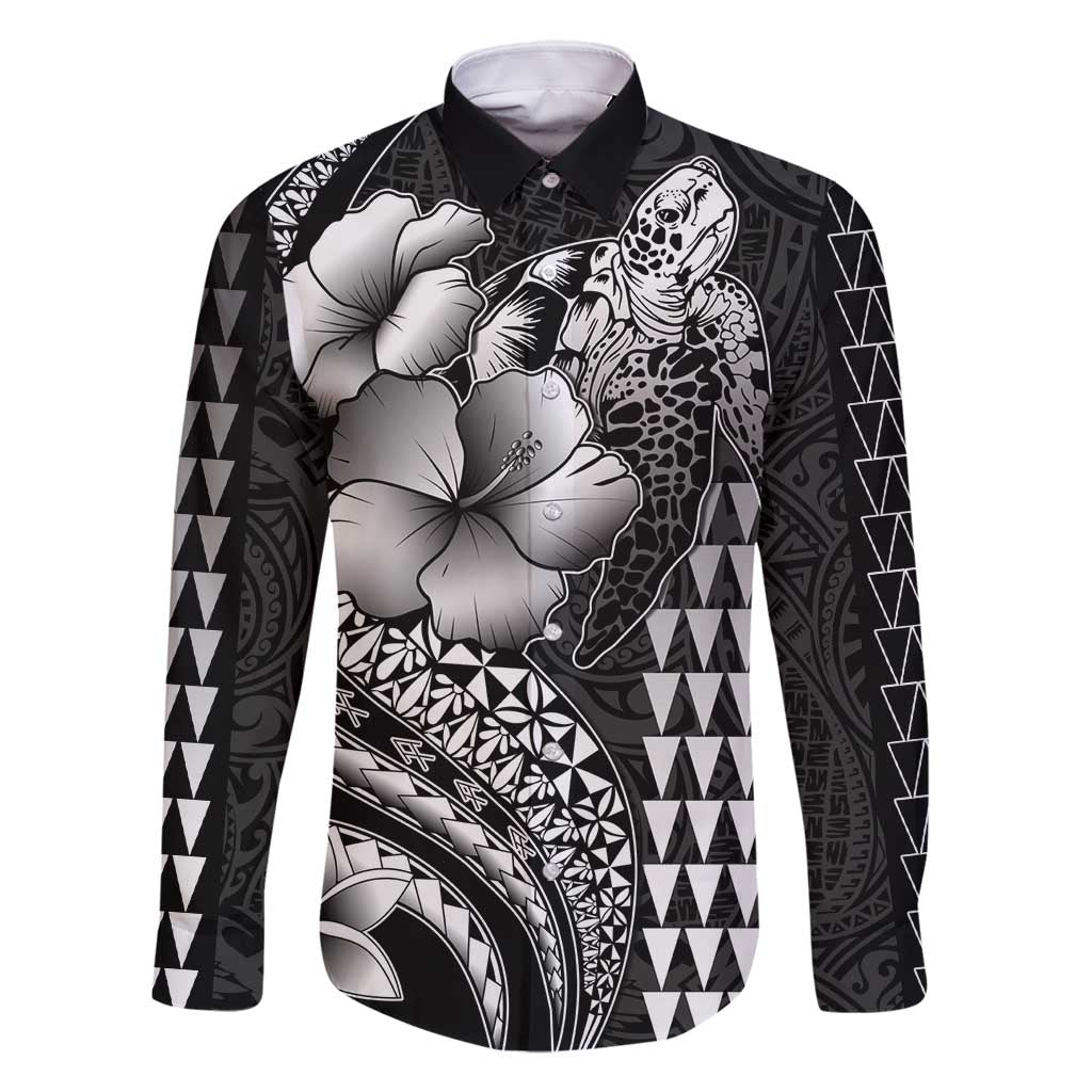 Hawaiian Sea Turtle Family Matching Tank Maxi Dress and Hawaiian Shirt Black Hibiscus Flowers and Kakau Pattern