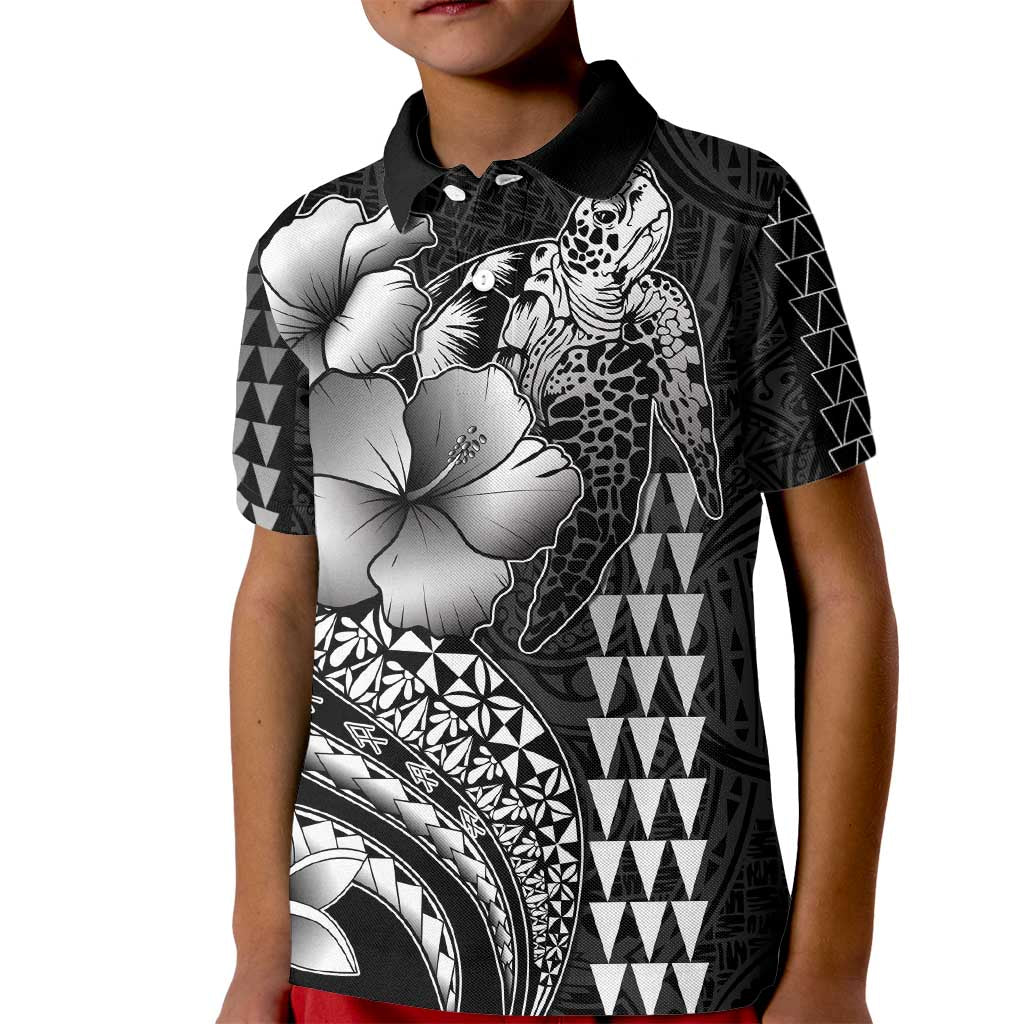 Hawaiian Sea Turtle Kid Polo Shirt Black Hibiscus Flowers and Kakau Pattern
