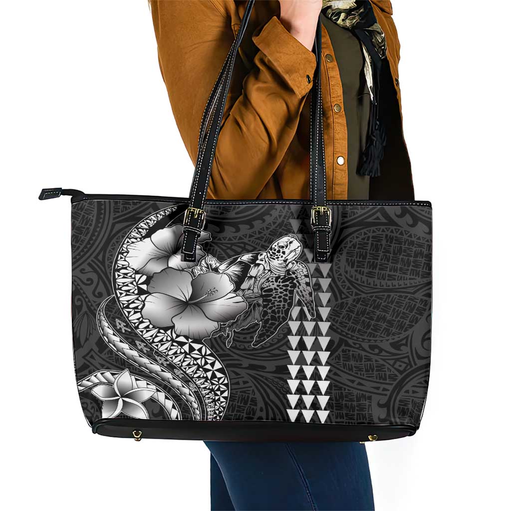 Hawaiian Sea Turtle Leather Tote Bag Black Hibiscus Flowers and Kakau Pattern