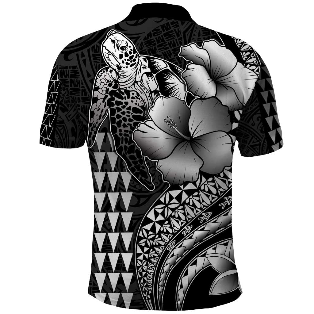 Hawaiian Sea Turtle Polo Shirt Black Hibiscus Flowers and Kakau Pattern