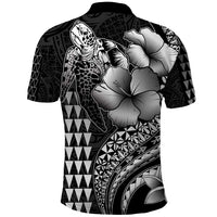 Hawaiian Sea Turtle Polo Shirt Black Hibiscus Flowers and Kakau Pattern