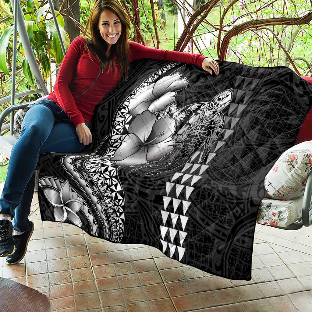 Hawaiian Sea Turtle Quilt Black Hibiscus Flowers and Kakau Pattern