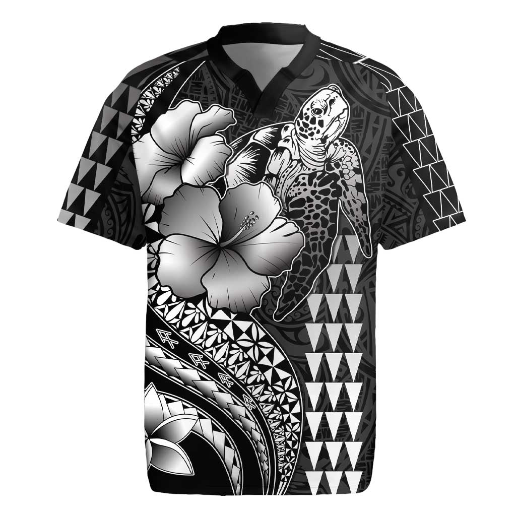 Hawaiian Sea Turtle Rugby Jersey Black Hibiscus Flowers and Kakau Pattern