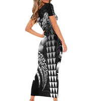 Hawaiian Sea Turtle Short Sleeve Bodycon Dress Black Hibiscus Flowers and Kakau Pattern