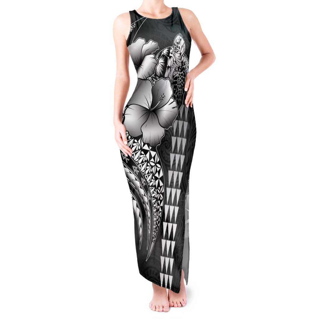 Hawaiian Sea Turtle Tank Maxi Dress Black Hibiscus Flowers and Kakau Pattern