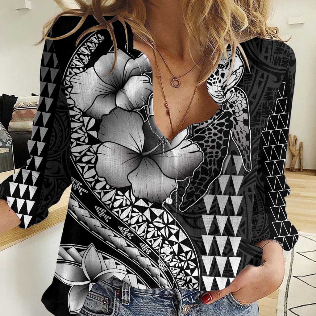 Hawaiian Sea Turtle Women Casual Shirt Black Hibiscus Flowers and Kakau Pattern