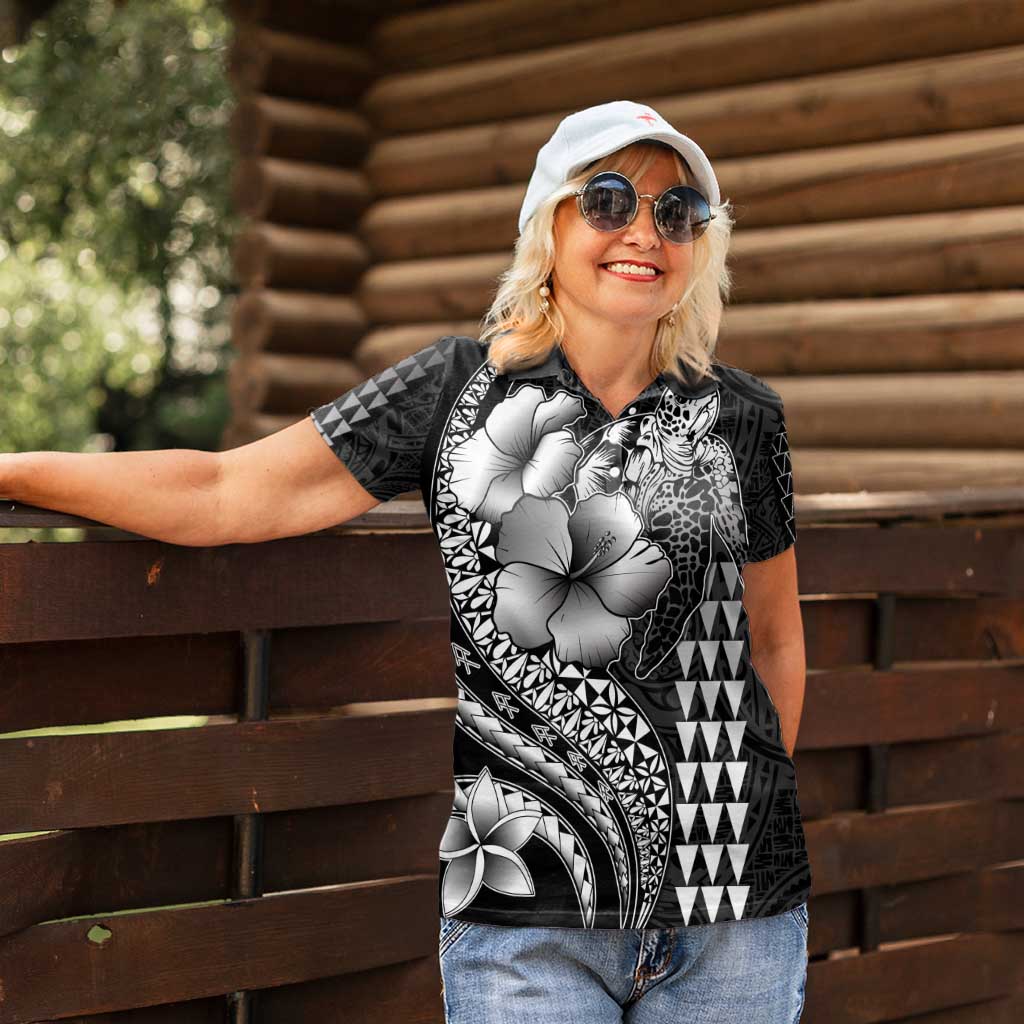 Hawaiian Sea Turtle Women Polo Shirt Black Hibiscus Flowers and Kakau Pattern