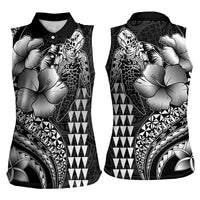 Hawaiian Sea Turtle Women Sleeveless Polo Shirt Black Hibiscus Flowers and Kakau Pattern
