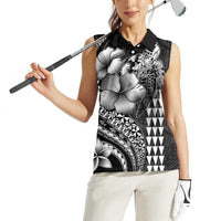 Hawaiian Sea Turtle Women Sleeveless Polo Shirt Black Hibiscus Flowers and Kakau Pattern