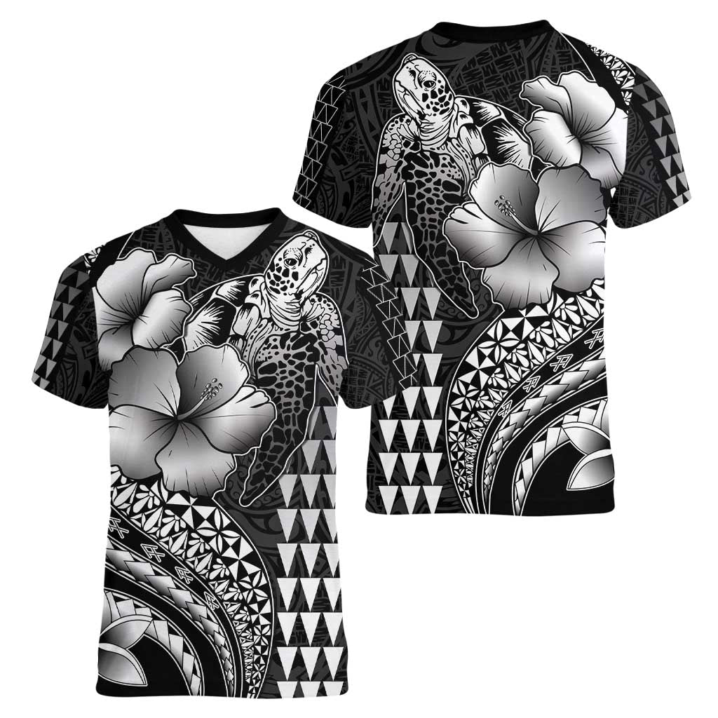 Hawaiian Sea Turtle Women V-Neck T-Shirt Black Hibiscus Flowers and Kakau Pattern