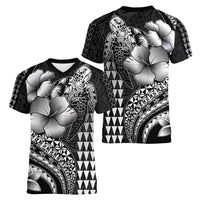 Hawaiian Sea Turtle Women V-Neck T-Shirt Black Hibiscus Flowers and Kakau Pattern