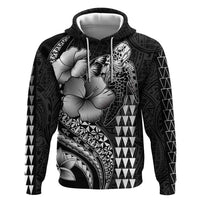 Hawaiian Sea Turtle Zip Hoodie Black Hibiscus Flowers and Kakau Pattern