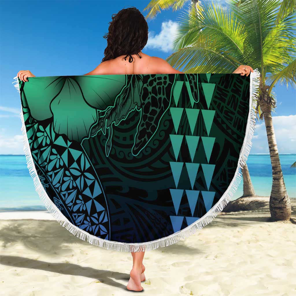 Hawaiian Sea Turtle Beach Blanket Blue Hibiscus Flowers and Kakau Pattern