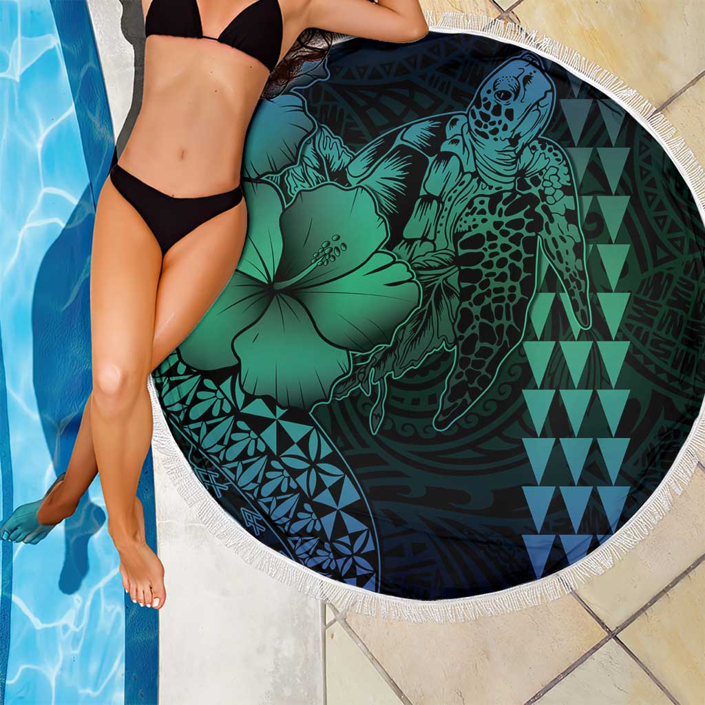 Hawaiian Sea Turtle Beach Blanket Blue Hibiscus Flowers and Kakau Pattern