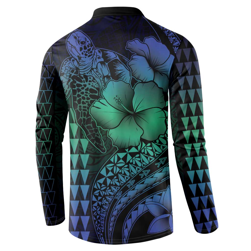 Hawaiian Sea Turtle Button Sweatshirt Blue Hibiscus Flowers and Kakau Pattern