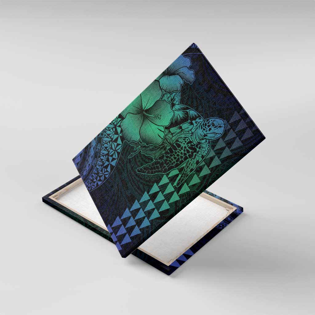 Hawaiian Sea Turtle Canvas Wall Art Blue Hibiscus Flowers and Kakau Pattern