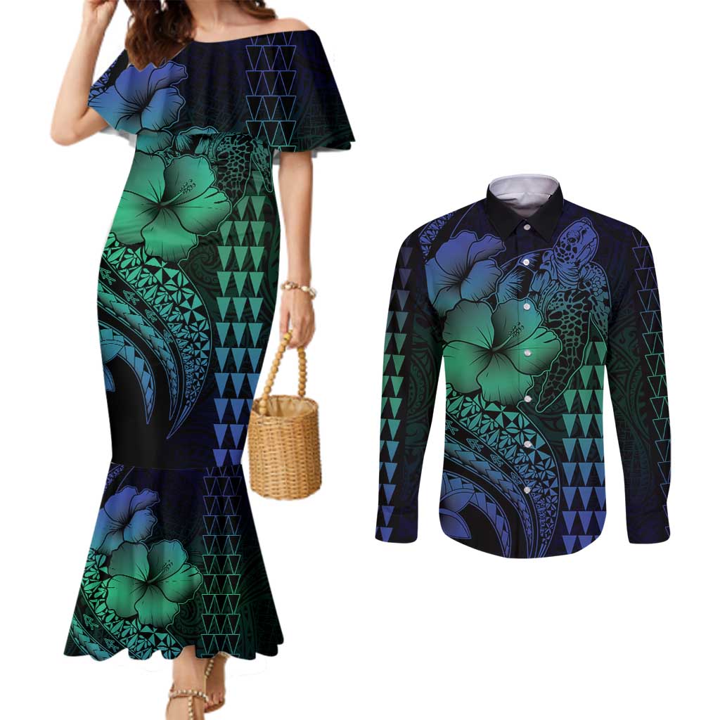 Hawaiian Sea Turtle Couples Matching Mermaid Dress and Long Sleeve Button Shirt Blue Hibiscus Flowers and Kakau Pattern
