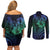 Hawaiian Sea Turtle Couples Matching Off Shoulder Short Dress and Long Sleeve Button Shirt Blue Hibiscus Flowers and Kakau Pattern