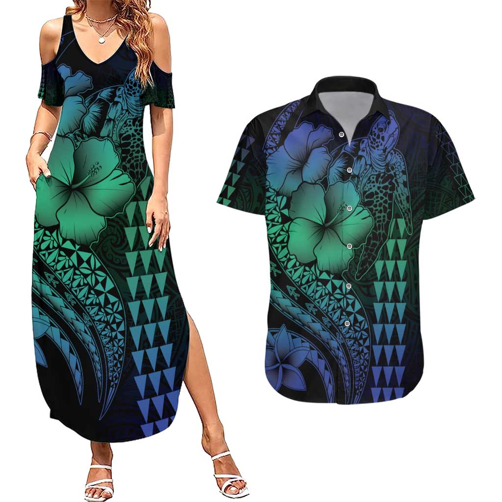 Hawaiian Sea Turtle Couples Matching Summer Maxi Dress and Hawaiian Shirt Blue Hibiscus Flowers and Kakau Pattern