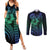 Hawaiian Sea Turtle Couples Matching Summer Maxi Dress and Long Sleeve Button Shirt Blue Hibiscus Flowers and Kakau Pattern