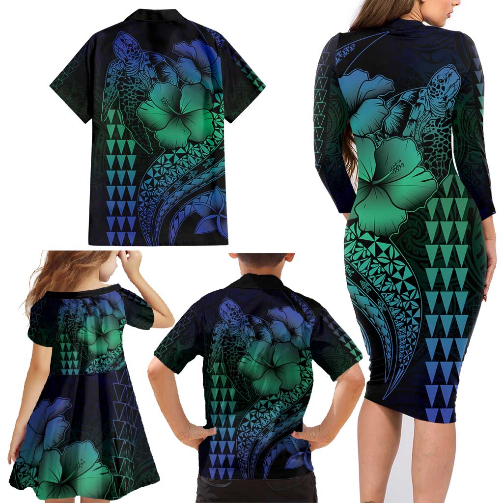 Hawaiian Sea Turtle Family Matching Long Sleeve Bodycon Dress and Hawaiian Shirt Blue Hibiscus Flowers and Kakau Pattern