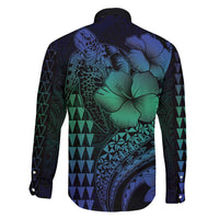 Hawaiian Sea Turtle Family Matching Long Sleeve Bodycon Dress and Hawaiian Shirt Blue Hibiscus Flowers and Kakau Pattern